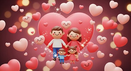 Cartoon family standing together surrounded by heart shapes  