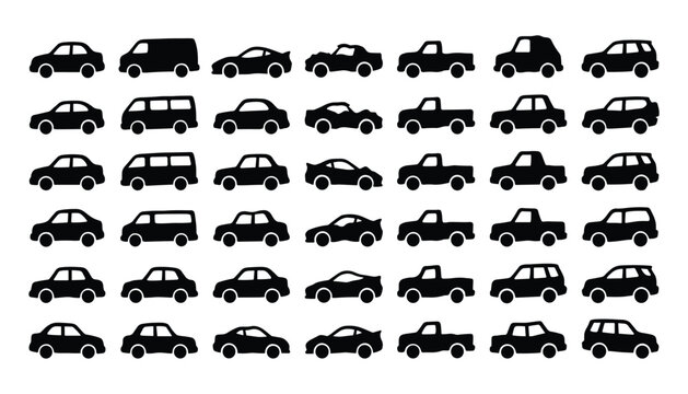 A collection of black silhouette cars in various models isolated on white background depicting transportation