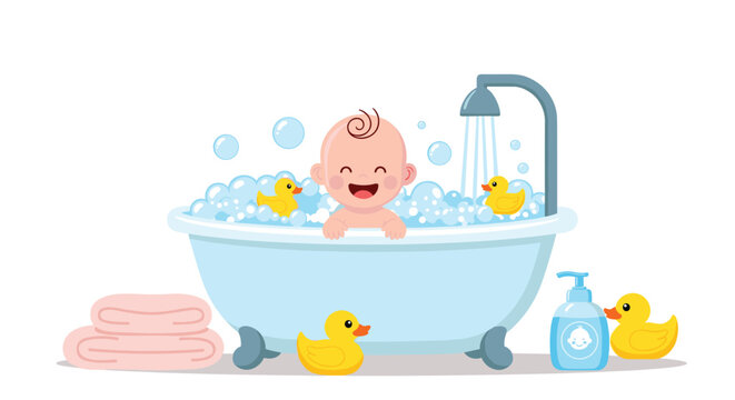A happy baby enjoys a relaxing bubble bath with rubber ducks, surrounded by essential bath time accessories like towels and soap.