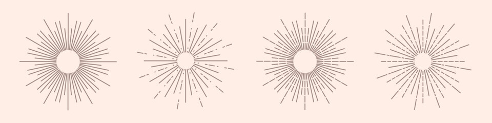 Set of boho sunrise and half sun rays line icons