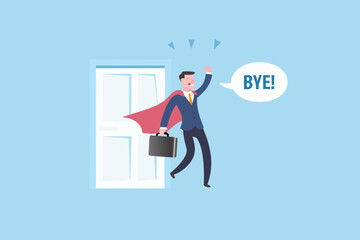 Superhero businessman leaving through door saying goodbye with cape