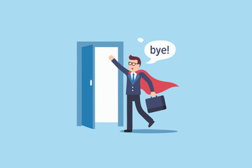 Superhero businessman leaving office saying goodbye and waving hand