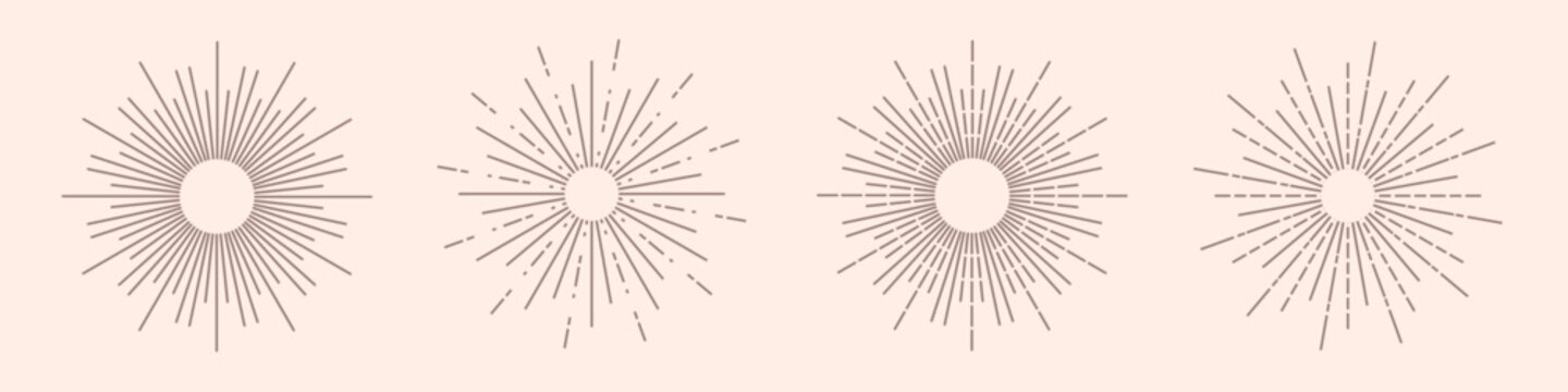 Set of boho sunrise and half sun rays line icons