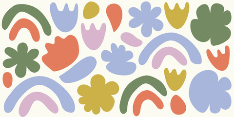 Abstract floral pattern with rainbows and organic shapes on white background