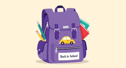 Fototapeta premium A cartoon illustration of a purple school backpack filled with pencils and books, featuring a yellow toy car and a \.