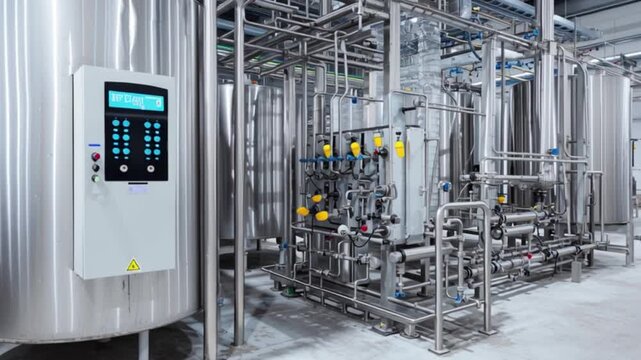 Industrial stainless steel processing plant with automated piping system, modern factory machinery interior, food and beverage production technology, clean room manufacturing environment, high precisi