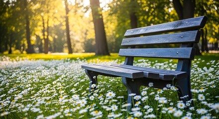 Wooden bench surrounded by daisies in a sun drenched park offering a peaceful and relaxing atmosphere for contemplation