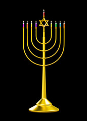 Elegant Golden Menorah Representing Hanukkah Traditions with Illuminated Candles on Dark Background