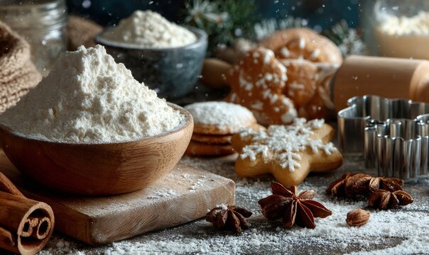Ingredients for festive gingerbread cookies, including flour, spices, and decorative snowflakes, creating a cozy holiday baking scene