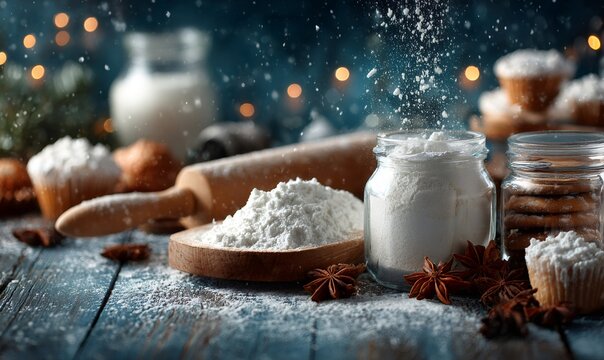 Winter season baking scene featuring flour, rolling pin, spices, milk, and sweet muffins with festive bokeh lights