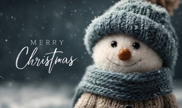 Cute snowman plush toy wearing a blue knitted hat and scarf, standing in falling snow with merry christmas text