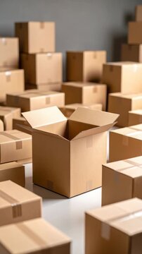 Unpacking and moving boxes filled in a room, pile of closed and open cardboard boxes, relocating or delivery concept, full shot