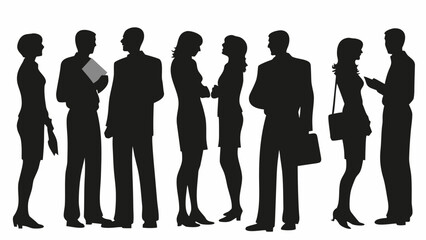 Dynamic silhouette of business professionals collaborating and networking at a conference, ideal for corporate communications and teamwork visuals