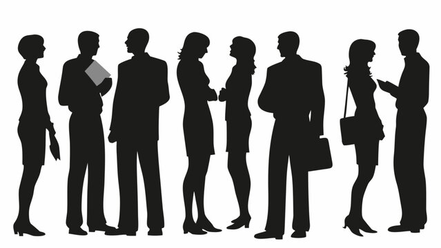 Dynamic silhouette of business professionals collaborating and networking at a conference, ideal for corporate communications and teamwork visuals