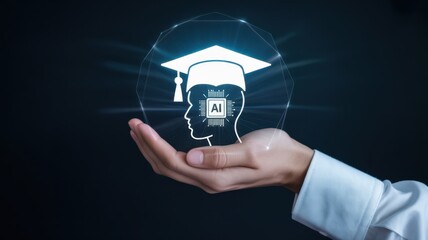 Artificial intelligence in education concept a hand holding a digital icon of a graduation cap with an ai chip inside a human head silhouette