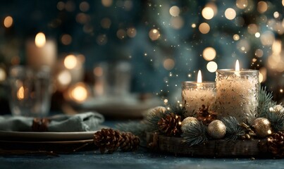 Lit advent candles creating cozy atmosphere on a holiday table with decorations and sparkling bokeh backgrounds