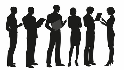 Dynamic team of professionals collaborating and sharing ideas with tablets and documents, silhouettes of modern business people working together seamlessly