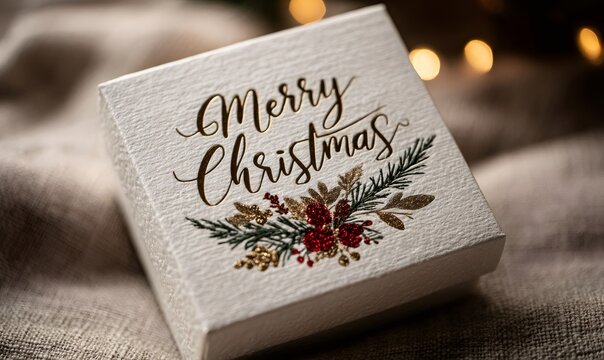 Elegant gift box displaying merry christmas calligraphy and festive floral elements, resting on textured fabric with bokeh lights