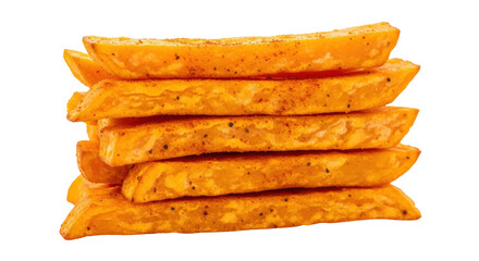 Isolated stack of golden potato wedges, delicious fried food, appetizing salty snack