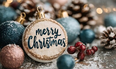 Christmas ornament displaying merry christmas text, surrounded by festive baubles, snow, pine cones, and red berries