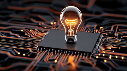 Creative idea symbol with light bulb on microchip for IT innovation, AI and digital marketing