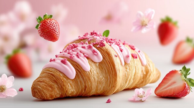 Strawberry croissant with pink icing for dessert menu, bakery branding and food advertising