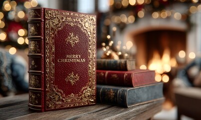 Vintage christmas book featuring merry christmas script on cover, standing on a wooden table with blurred fireplace and festive lights background