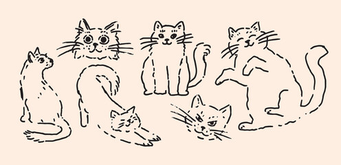 Childlike Doodle Cats hand drawn in playful poses with sketchy textured strokes, simple kitten Characters sitting stretching and smiling, cute minimal line art set for posters cards stickers print