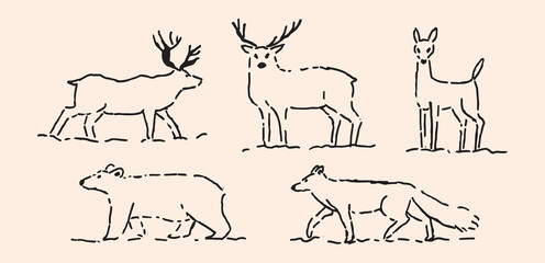 Hand drawn Doodle Wild Animals with sketchy textured strokes. Deer, bear and fox, simple minimal line art. Characters, Vector illustrations set for posters, cards, stickers, print design
