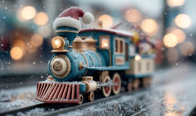 Miniature steam engine toy train pulling festive cargo in a winter wonderland, surrounded by soft bokeh lights