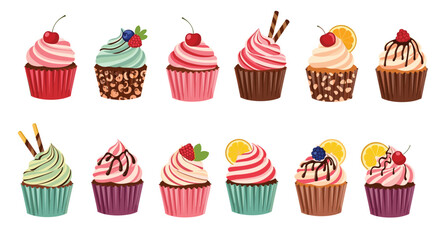 A collection of colorful and decorated cupcakes with various toppings and frosting, perfect for parties and celebrations.