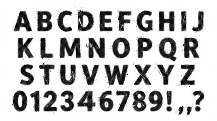 halftone grunge font alphabet from a to z with digits and symbols on white