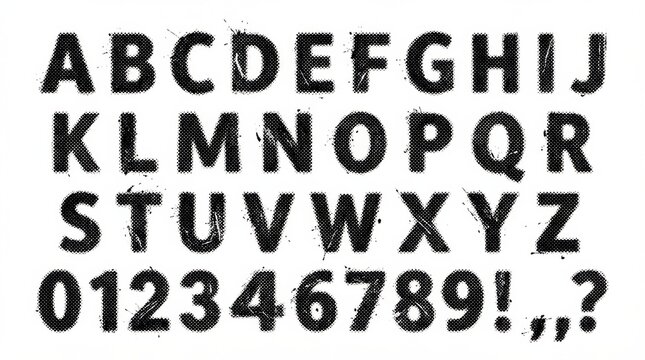 halftone grunge font alphabet from a to z with digits and symbols on white