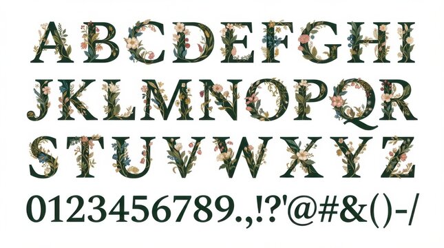 Delicate font alphabet blooms with emotion from a to z numbers and punctuation.