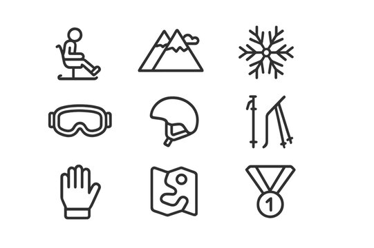 Adaptive Skiing Icons. Adaptive skiing. Line icon set of adaptive skiing: sit ski, mountain, snowflake, goggles, helmet, poles, flag, trail map, lift, gloves,