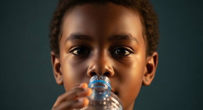 a close up portrait depicts a young african child with a focused gaze as they drink water from a plastic bottle highlighting youth and hydration - Powered by Adobe