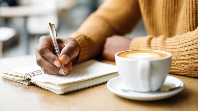 Man writing notes in notebook with cup of coffee – study, planning and creativity concept