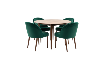Isolated round dining table set with four modern teal green chairs in a home studio