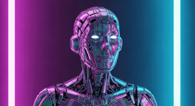 Futuristic chrome cyborg portrait with glowing eyes and neon light ambience