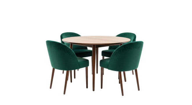Isolated round dining table set with four modern teal green chairs in a home studio