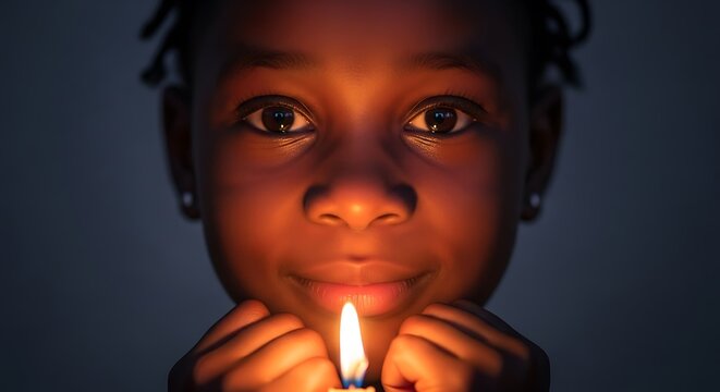a close up portrait depicts a young african girl gazing intently at a flickering candle flame illuminated softly and warmly creating a powerful and intimate