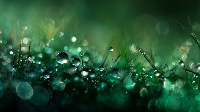 Dew on green leaf close-up with soft bokeh light. Artificial intelligence image