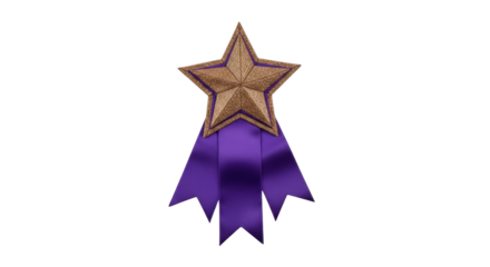 Isolated award ribbon, golden star and purple fabric. Achievement for best performer, first prize.