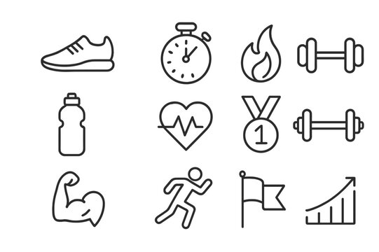 Athletic Performance Icons. Athletic performance. Line icon set of athletic performance: running shoe, stopwatch, flame, dumbbell, water bottle, heartbeat,