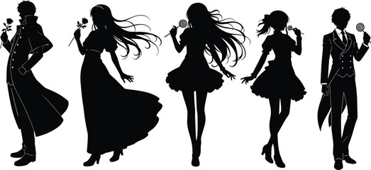 Anime character silhouettes holding roses and lollipops, elegant male and female figures, stylish fantasy illustration, decorative artwork concept design