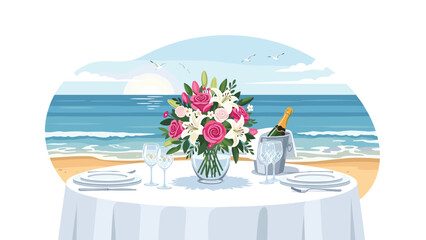 Romantic beachside dining with floral centerpiece and chilled champagne for unforgettable moments and cherished memories by the ocean