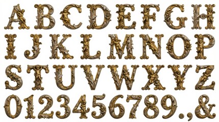 Naklejka premium baroque-styled font set featuring letters numbers and symbols on a white backdrop