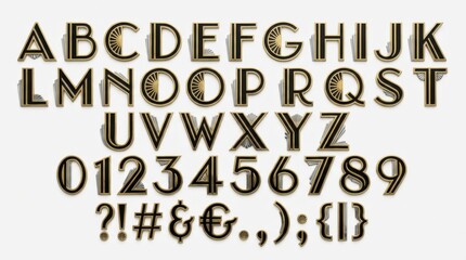 Art deco font alphabet with numbers and punctuation presented from A to Z on white.