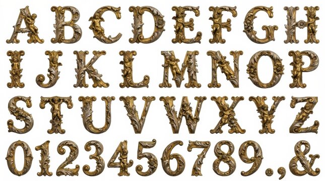 baroque-styled font set featuring letters numbers and symbols on a white backdrop