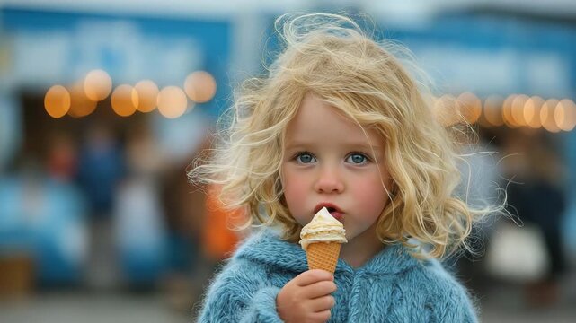 A young child enjoying ice cream at a showground event